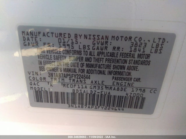 2015 Nissan Sentra Sv მანქანა იყიდება აუქციონზე, vin: 3N1AB7AP5FY224644, აუქციონის ნომერი: 34929083