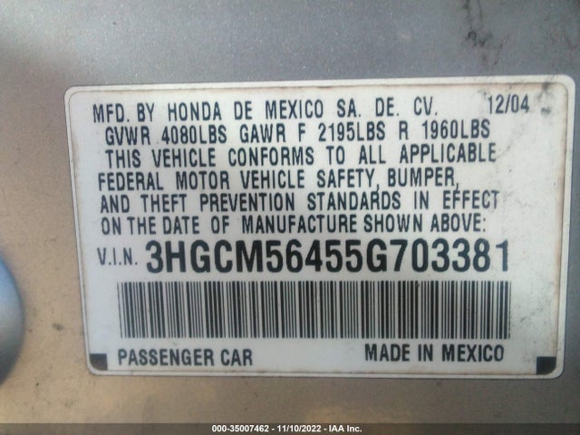2005 HONDA ACCORD SDN LX VIN: 3HGCM56455G703381