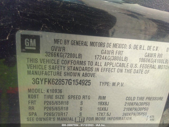 3GYFK62857G154925 Cadillac ESCALADE EXT