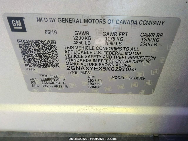 2019 CHEVROLET EQUINOX PREMIER VIN: 2GNAXYEX5K6291052