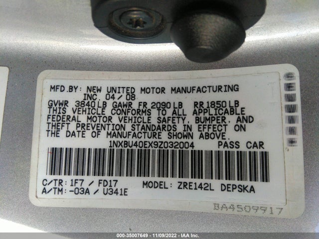 2009 TOYOTA COROLLA VIN: 1NXBU40EX9Z032004