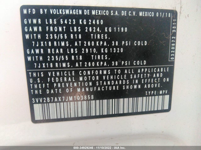 3VV2B7AX7JM103858 Volkswagen Tiguan Sel/se