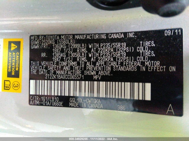 2T2ZK1BAXCC065571 Lexus RX 350