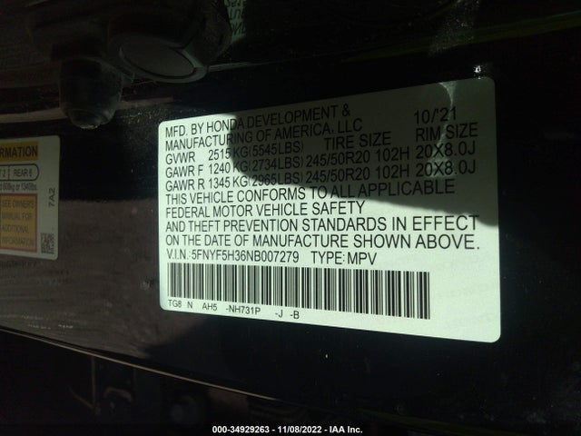 2022 Honda Pilot, VIN: 5FNYF5H36NB007279