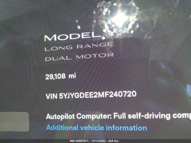 2021 TESLA MODEL Y LONG RANGE VIN: 5YJYGDEE2MF240720
