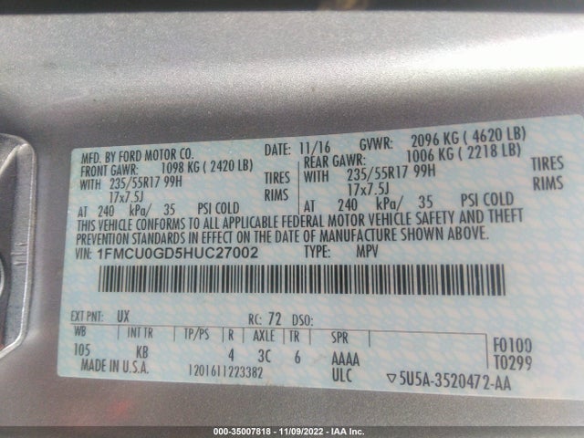 Ford ESCAPE SE 2017 1FMCU0GD5HUC27002 Image 9