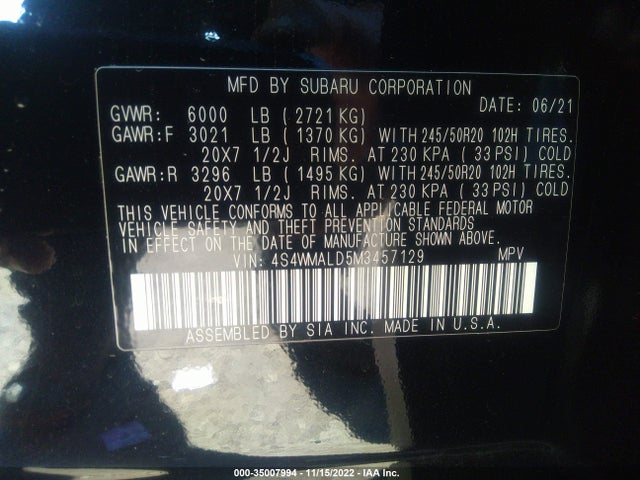 2021 Subaru Ascent, VIN: 4S4WMALD5M3457129
