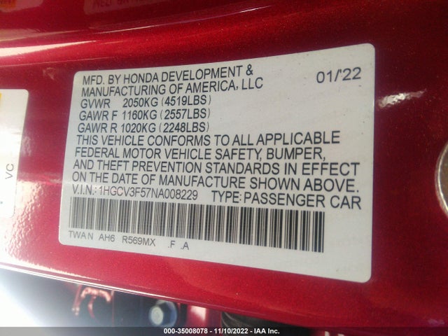 2022 HONDA ACCORD HYBRID EX-L VIN: 1HGCV3F57NA008229