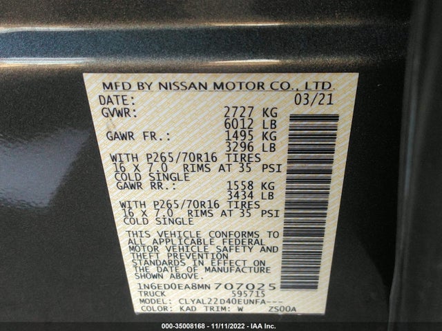 Nissan Frontier 2021 1N6ED0EA8MN707025 Image 10