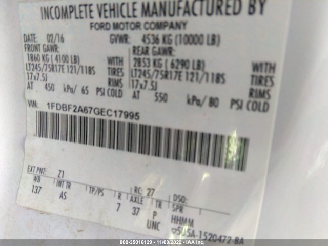 Продаж на аукціоні авто 2016 Ford Super Duty F-250 Srw Xl/xlt, vin: 1FDBF2A67GEC17995, номер лоту: 35016129
