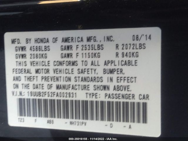 19UUB2F52FA002931 Acura Tlx V6 Tech