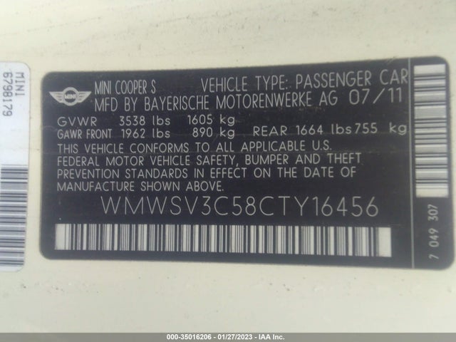WMWSV3C58CTY16456 Mini COOPER HARDTOP