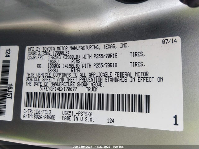 2014 TOYOTA TUNDRA 2WD TRUCK SR5 VIN: 5TFEY5F14EX170677