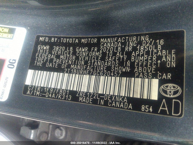 2016 TOYOTA COROLLA L/LE/S/S PLUS/LE PLUS VIN: 2T1BURHE7GC620457