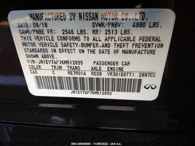 2019 INFINITI Q50 3.0T LUXE VIN: JN1EV7AP7KM512655