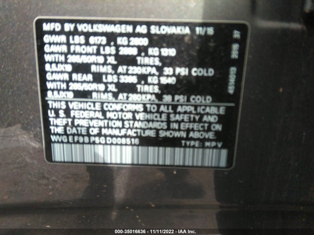 2016 Volkswagen Touareg, VIN: WVGEF9BP5GD008516