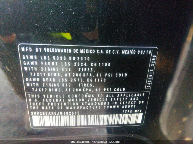 2018 VOLKSWAGEN TIGUAN SEL/SE VIN: 3VV2B7AX5JM182513