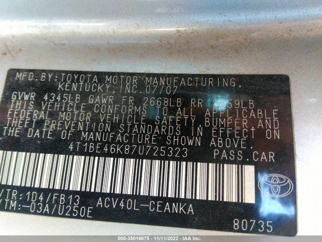 2007 TOYOTA CAMRY CE/LE/SE/XLE VIN: 4T1BE46K87U725323