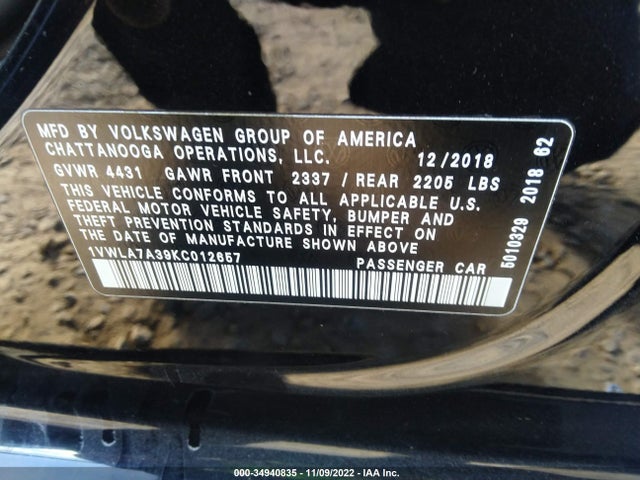 2019 Volkswagen Passat, VIN: 1VWLA7A39KC012657