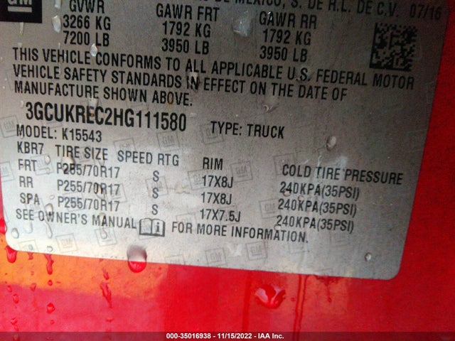 2017 CHEVROLET SILVERADO 1500 LT VIN: 3GCUKREC2HG111580