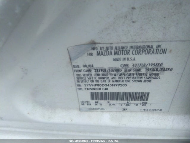 2004 MAZDA MAZDA6 S VIN: 1YVHP80D345N99205