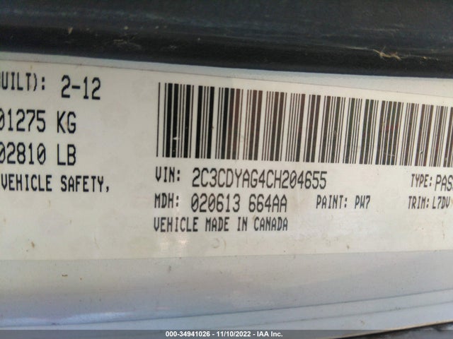 2012 DODGE CHALLENGER SXT VIN: 2C3CDYAG4CH204655