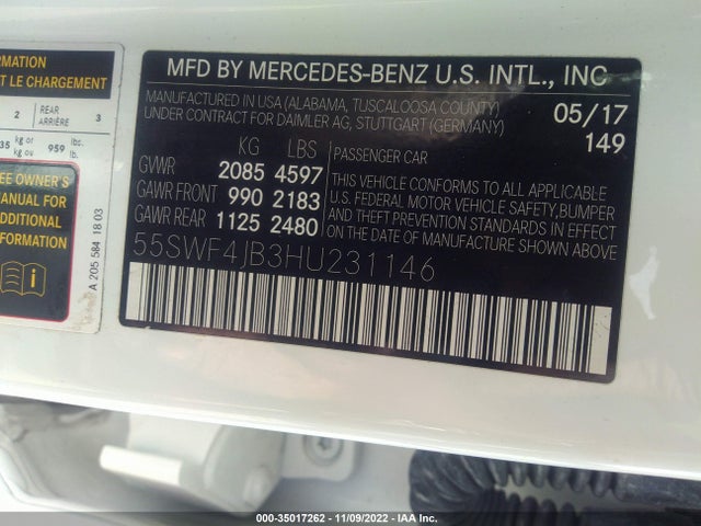 2017 MERCEDES-BENZ C-CLASS C 300 VIN: 55SWF4JB3HU231146