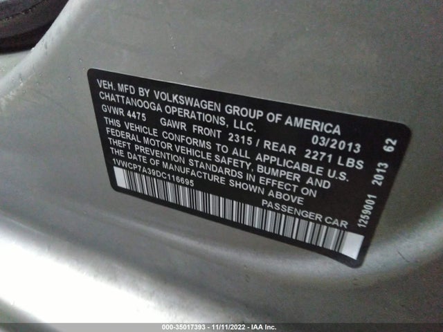 2013 VOLKSWAGEN PASSAT SEL PREMIUM VIN: 1VWCP7A39DC116695