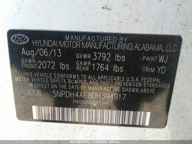 2013 HYUNDAI ELANTRA GLS PZEV VIN: 5NPDH4AE8DH394917