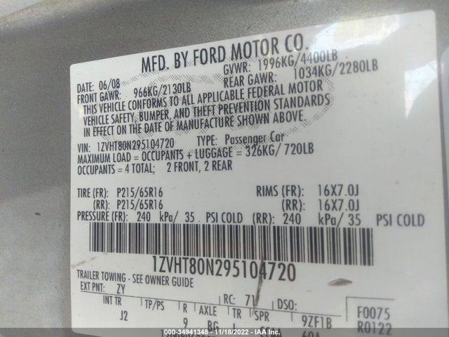 2009 FORD MUSTANG VIN: 1ZVHT80N295104720
