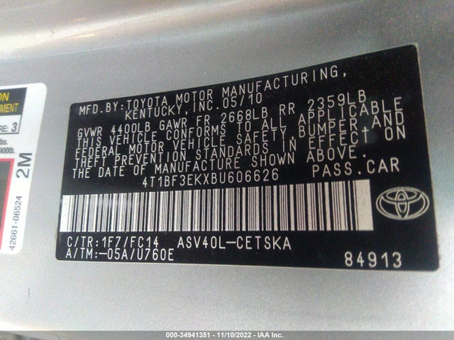 2011 TOYOTA CAMRY VIN: 4T1BF3EKXBU606626