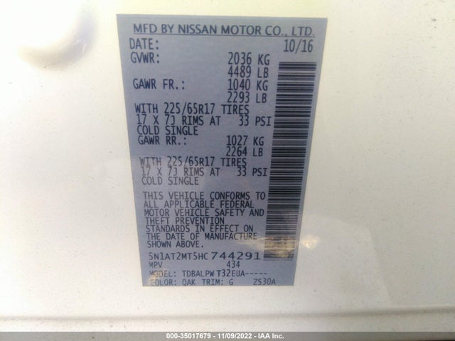 2017 NISSAN ROGUE S VIN: 5N1AT2MT5HC744291