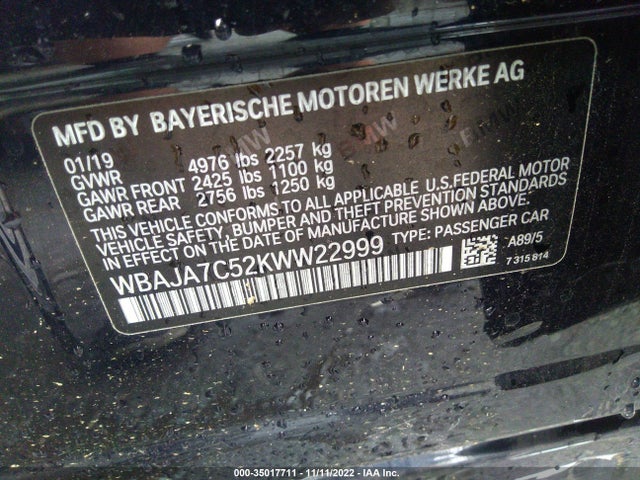 2019 BMW 5 Series, VIN: WBAJA7C52KWW22999