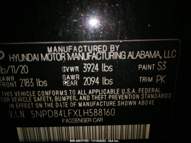2020 HYUNDAI ELANTRA VALUE EDITION VIN: 5NPD84LFXLH588160