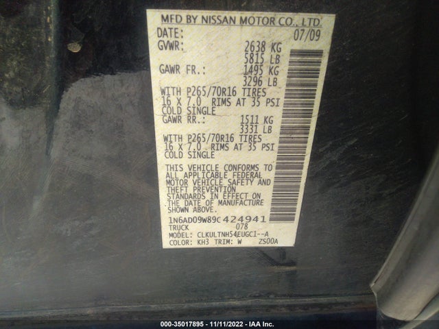 2009 NISSAN FRONTIER SE VIN: 1N6AD09W89C424941