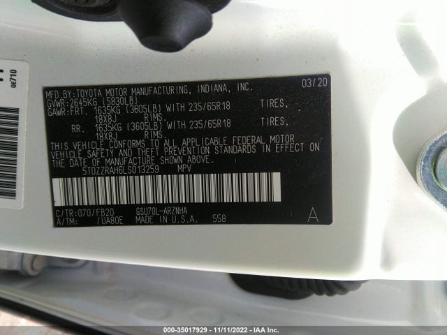 2020 Toyota Highlander, VIN: 5TDZZRAH6LS013259