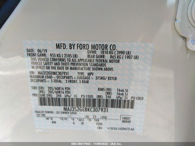 2019 FORD ECOSPORT SE VIN: MAJ3S2GE8KC307931