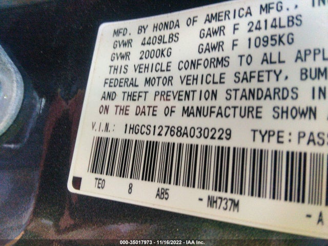 2008 HONDA ACCORD CPE EX VIN: 1HGCS12768A030229