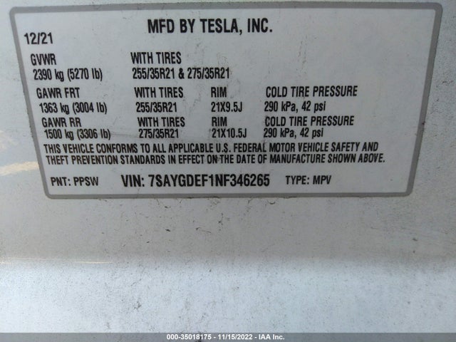 Tesla Model Y Performance 2022 7SAYGDEF1NF346265 Image 11