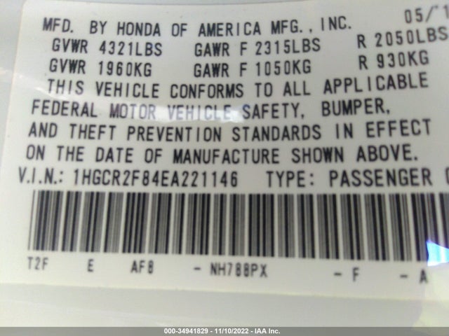 2014 HONDA ACCORD SEDAN EX-L VIN: 1HGCR2F84EA221146