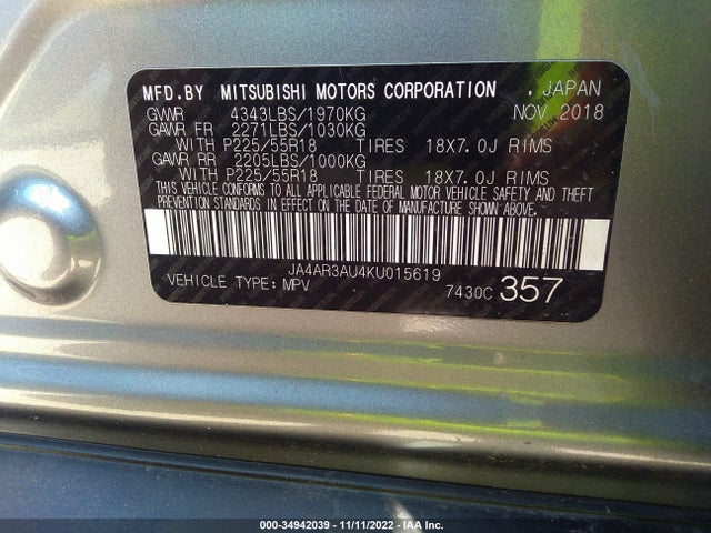 2019 Mitsubishi Outlander, VIN: JA4AR3AU4KU015619