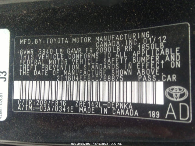 2012 TOYOTA COROLLA L/LE/S VIN: 2T1BU4EE6CC768875