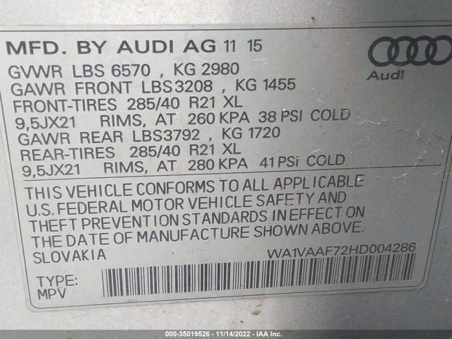 2017 AUDI Q7 PRESTIGE VIN: WA1VAAF72HD004286
