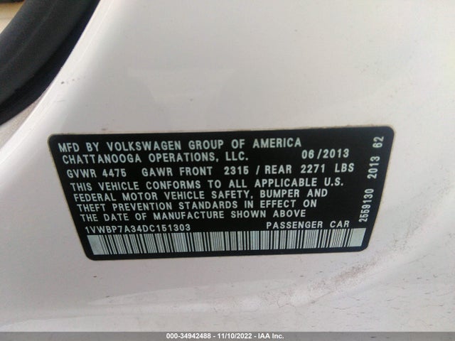 1VWBP7A34DC151303 Volkswagen Passat Se W/sunroof & Nav