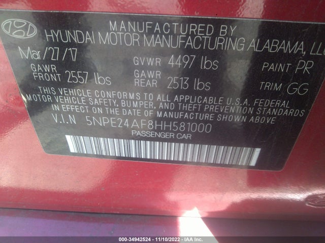 Hyundai Sonata 2.4l 2017 5NPE24AF8HH581000 Image 9