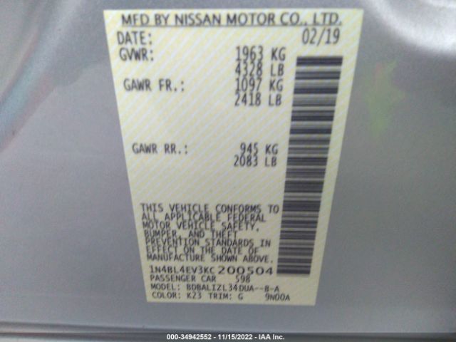 1N4BL4EV3KC200504 Nissan Altima 2.5 Sl