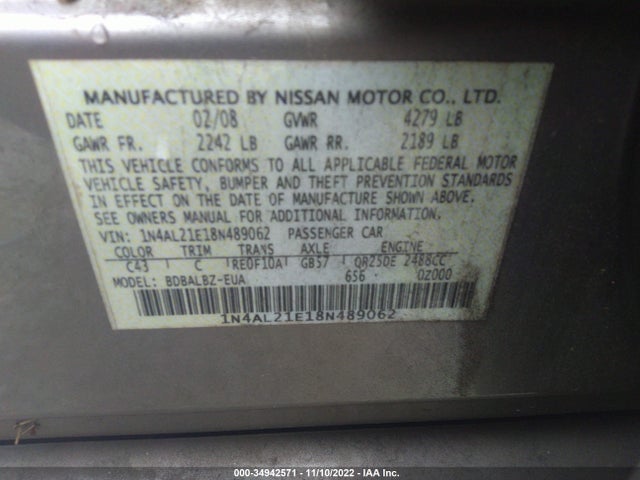 2008 NISSAN ALTIMA 2.5 SL VIN: 1N4AL21E18N489062