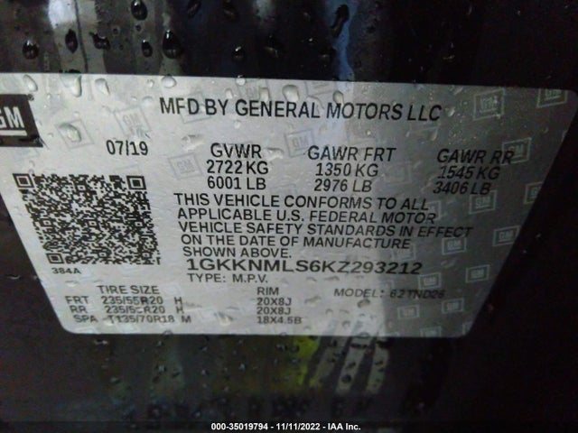 35019794 :رقم المزاد ، 1GKKNMLS6KZ293212 vin ، 2019 Gmc Acadia Slt مزاد بيع