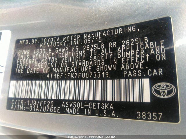 2015 TOYOTA CAMRY SE VIN: 4T1BF1FK7FU073319