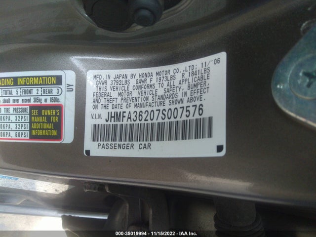 2007 HONDA CIVIC HYBRID VIN: JHMFA36207S007576